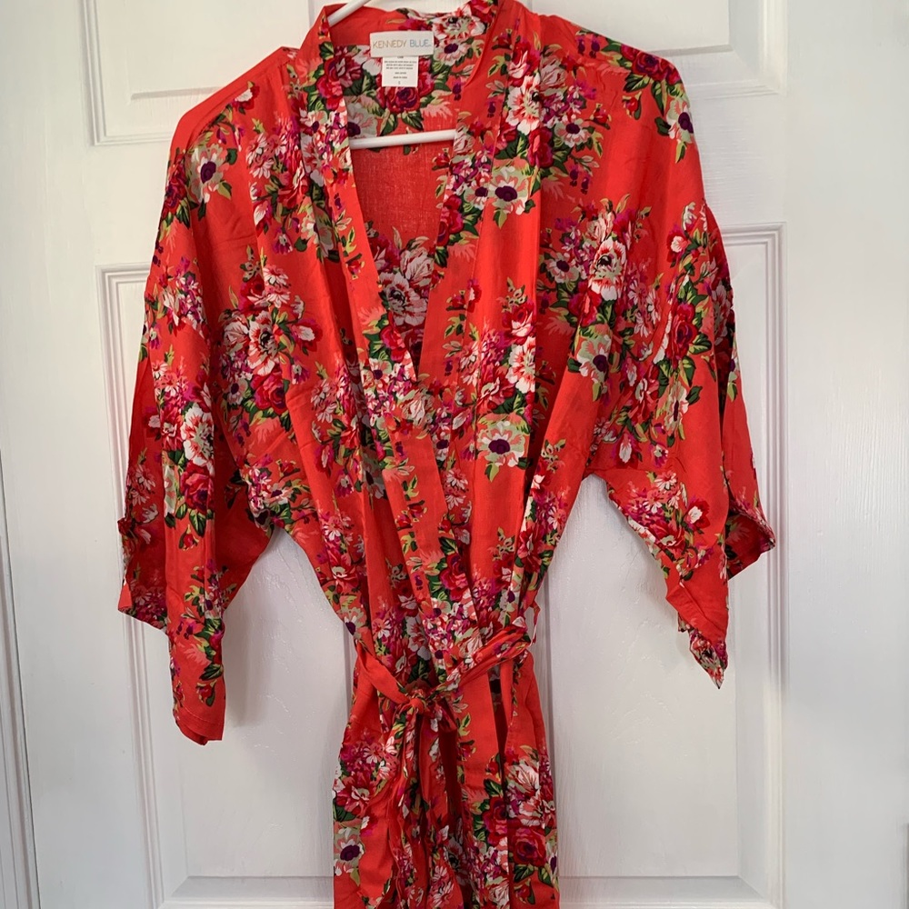Short Floral Robe Satin Wrap Kimono Sleeve Bathrobe